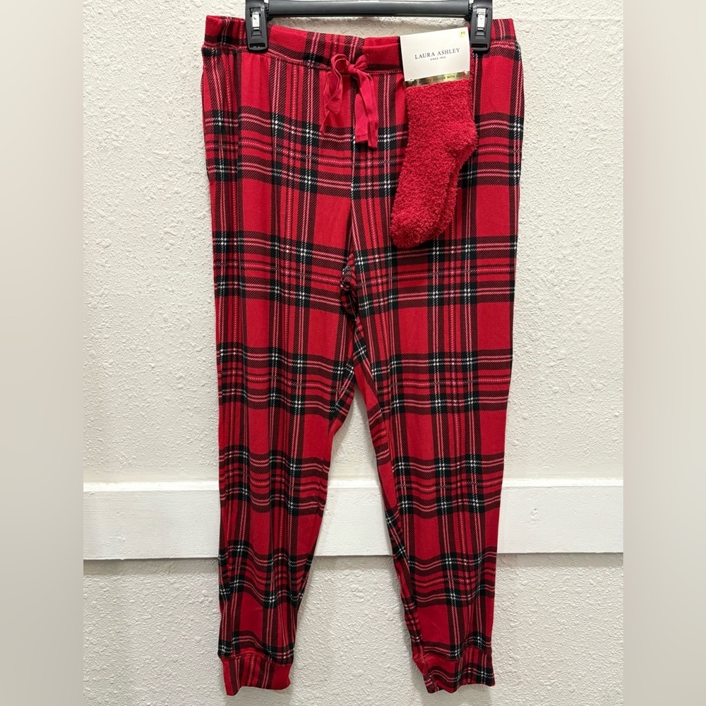 Laura Ashley Red Plaid Christmas Pajama Pants and Fuzzy Socks Size M